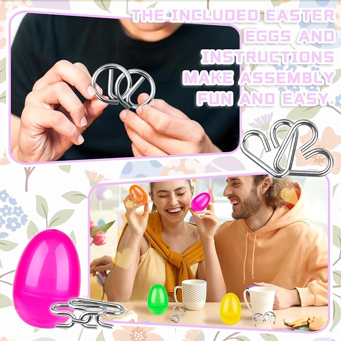 48 Pcs Prefilled Easter Eggs with Metal Brain Teaser Puzzles Iron Link Unlock Interlock Game for Egg Hunts Party Favors Easter Basket Stuffers