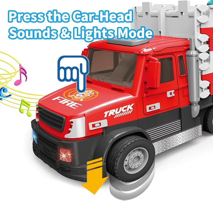 DOWELLIN 6 in 1 Transport Truck Toys for Kids, Police Trucks Carrier Cars with 6Pcs Metal Race Car with Light&Sounds, Toddler Vehicles Toys Gifts for Boys Girls Age 3 4 5 6 7 8-Red