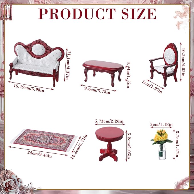 Skylety 7 Pcs Victorian Dollhouse Furniture Set 1: 12 Scale Wooden Mini House Living Room Furniture and Accessories, Sofa Table Chairs Vase for Adults Toys Gift Retro Miniature Doll House Accessories