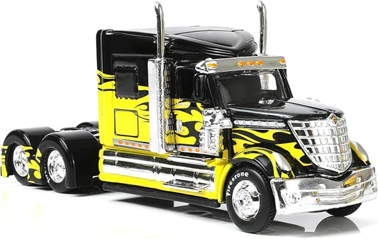 1/64 Scale International Lonestar Heavy Truck Model Semi Trailer Head Toy Alloy Metal Diecast Tow Traktor Toy Gift Classic Auto Model Collection for Kid Boy Men Adult (Yellow)