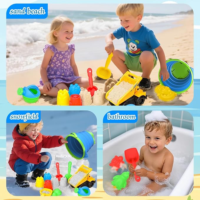 Beach Toys, 14Pcs Sand Toys with Construction Vehicle and Collapsible Beach Bucket, Animal Sand Mold Sets, Watering Can,Shovel Set with Mesh Bag,Summer Outdoor Play Travel Sandbox Gift for Boys Girls