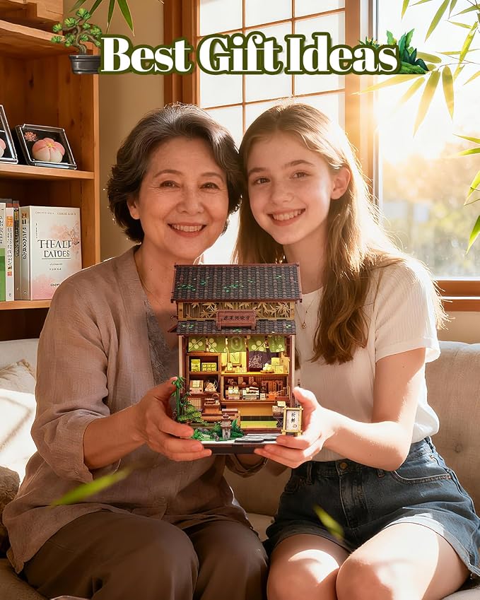 Book Nook Kit - DIY Miniature Japanese Wagashi Shop, 3D Wooden Puzzle Dollhouse with LED Lights, Tiny Bookend & Creative Bookshelf Decor, Craft Gift for Adults, Teens & Book Lovers