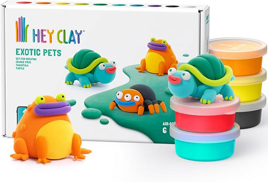 HEY CLAY Colorful Modeling Air Dry Clay for Kids 6 cans with Fun Interactive Instructions App - Kids Activities Age 3+ (Exotic Pets: Tarantula, Turtle, Orange Frog)