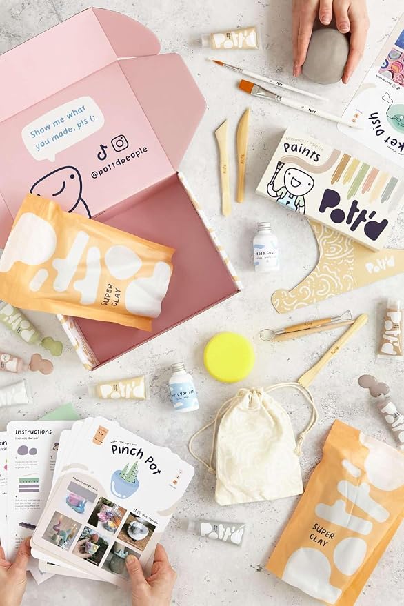 Pott'd Air Dry Clay for Adults. Beginners Home Pottery Kit for Adults. DIY Crafts Includes: Air-Dry Clay, Tools, Paints, Brushes, Sealant, Guides