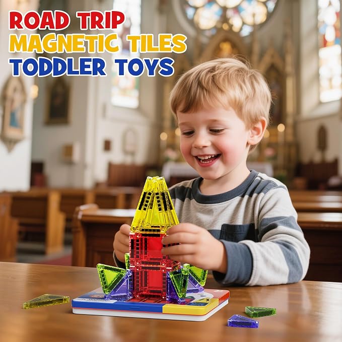 WMXDU Mini Magnetic Tiles with Iron Case, Magnetic Building Toys Kid's Travel Essential Portable Creativity On-The-Go Magnet Blocks STEM Travel Toys for Toddler Boys Girls Ages 3+, 26-Piece