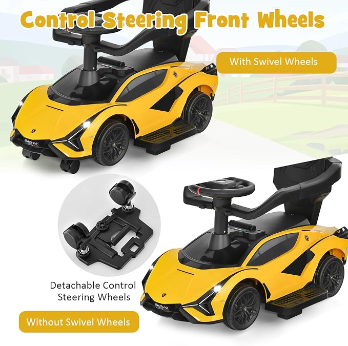 INFANS 3 in 1 Ride on Push Car, Licensed Lamborghini Baby Stroller Sliding Walking with Parent Control Handle, Music, Headlight, Under Seat Storage, Kids Foot-to-Floor Toy for 18-60 Months (Yellow)