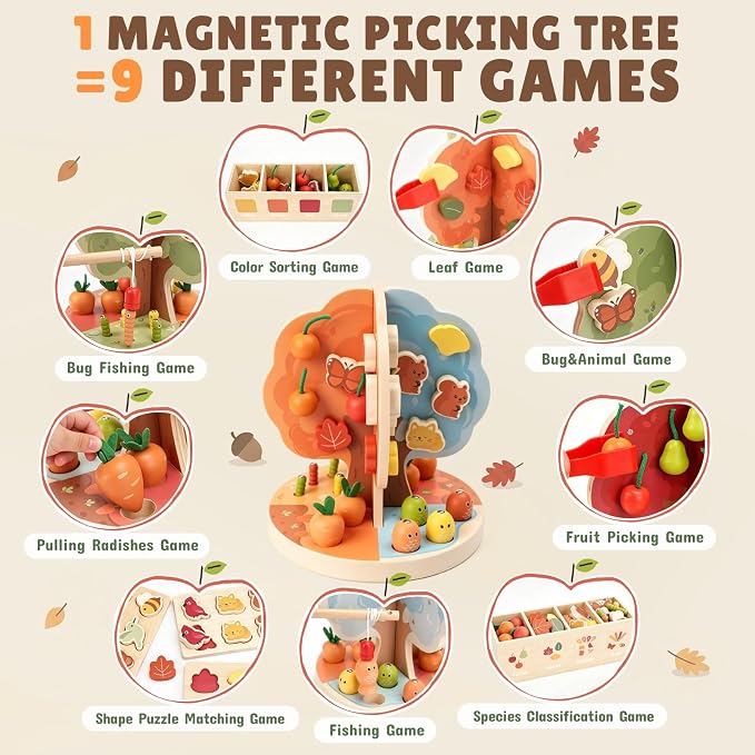 Joyreal Montessori Toys for 3-5 Year Old - 9-in-1 Wooden Magnetic Apple Tree Toy with Radish Pulling Fishing Game, Fine Motor Skills Sensory Educational Toy for Toddlers, Preschool Gift for Boys Girls