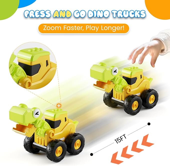 Construction Toys for 2 3 4 5 Year Old Boy Kids Toddlers, Press and Go Dino Truck Construction Vehicle Toys Sandbox Excavator Toys Boy Birthday Gifts