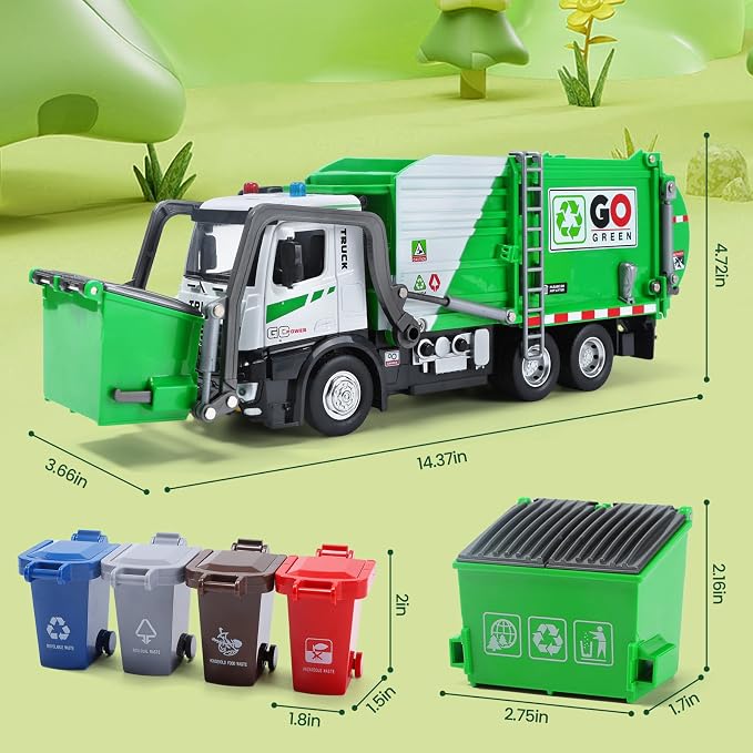 HOLYFUN 12'' Electric Garbage Truck Set with Front Loader/Metal Cab, Friction-Powered Recycling Vehicle with Dumpster, 4 Trash Bins & Sorting Cards, Trash Truck Toy with Lights/Sounds for Kids