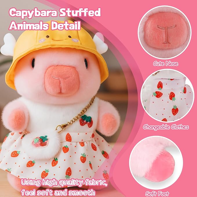 Capybara Plush Toy Capybara Plush with 9 Clothes and Accessories Super Soft Capybara Stuffed Animal for Kids Girls Boys 10.2inch (Cute Dress Capybara)