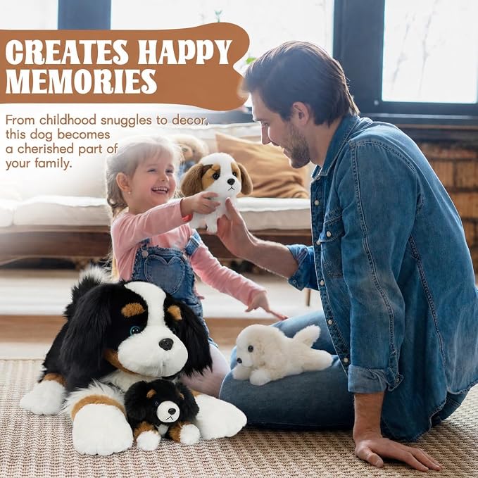 Tezituor Dog Stuffed Animal,26 Inch Border Collie Plush Toys Set with 3 Puppies,Realistic Mommy Dog Plush,4PCS Black White Puppy Plushies,Soft Dog Plush Gift for Girls Boys Kids Birthday Christmas