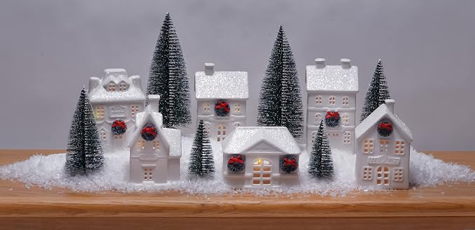 Mark Feldstein & Associates Holiday Wreath Village with Trees, White Unglazed Porcelain LED Christmas Figurines, 18 Piece Set