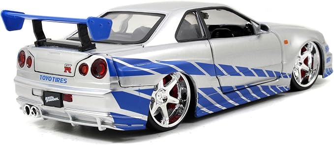 Jada Toys Fast & Furious Brian’s 2002 Nissan Skyline R34 Die-cast Car, 1:24 Scale, Silver & Blue