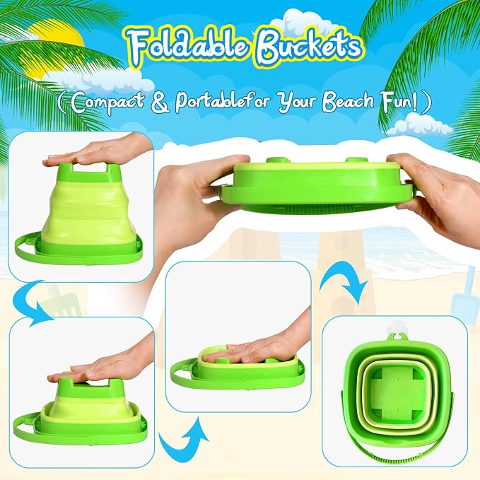 Collapsible Beach Sand Toys for Kids Toddlers,Travel Beach Toys with 3 Collapsible Sand Buckets,Shovels,Mesh Bags,Sand Molds,Castle Toys for Beach, Age 18+ Month