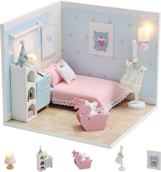 Kisoy Dollhouse Miniature with Furniture Kit, DIY 3D Wooden DIY House Kit A Corner of a Small Apartment Style with Dust Cover & LED,Handmade Tiny House Toys for Kids Adults Gift (Dream Room)