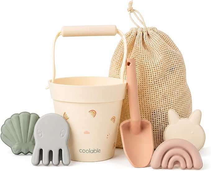 6-Piece Silicone Beach Toys Set for Kids - Foldable Sand Bucket, Shovel, 4 Sand Molds and Mesh Bag - Rainbow