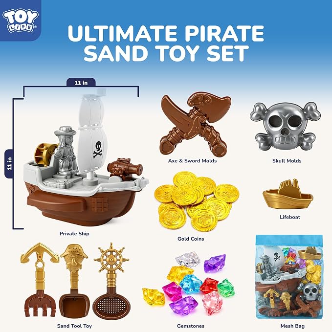 TOY Life 39PCS Pirate Beach Toys for Kids Ages 4-8, Pirate Ship Sand Toys Set with Treasure Coins & Gems, Sandbox Role Play Toys for Kids, Outdoor Beach & Travel Summer Adventure Toys