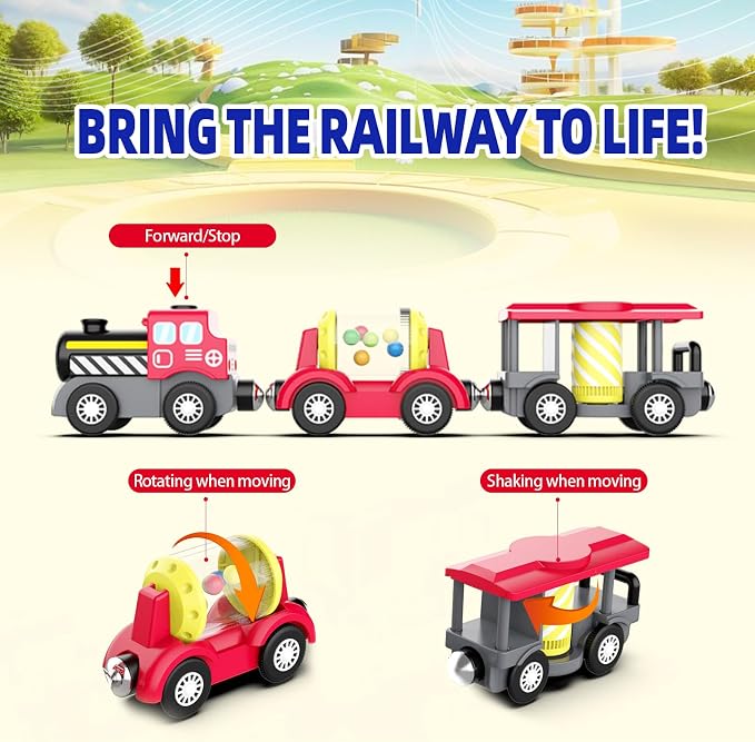 SteamBuilder Battery Powered Train for Wooden Tracks – Red Classic Steam Locomotive with 3 Magnetic Cars – Lights & Sounds – Compatible with Brio, Thomas – Train Toys for Toddlers Ages 3+