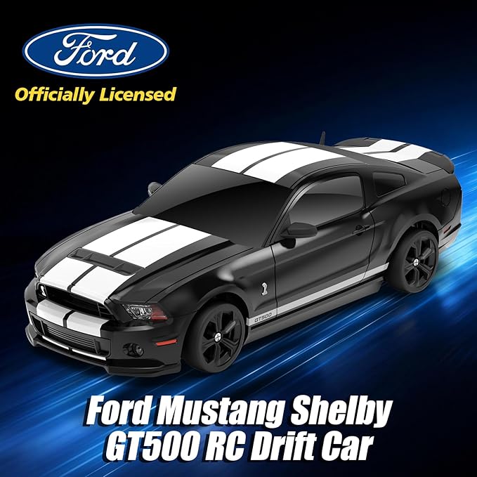 YONCHER RC Drift Car, Remote Control Car for Kids Ford Mustang Shelby GT500 Officially Licensed, 1:24 20KM/H 4WD with Lights, Fast Racing Toy Car for Boys Girls, Black