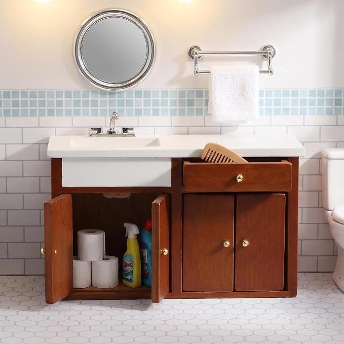Dollhouse Furniture 1/12 Scale Miniature Sink Cabinet Wooden Bathroom Vanity Cabinet with Openable Drawer and Doors (Brown)