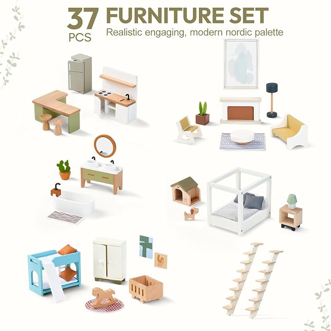 Giant bean Modern Wooden Dollhouse with Lights & 37PCS Furniture Set – Nordic Style 3-Story Playhouse for Kids Age 3+, Natural Wood Montessori Doll House with Realistic Rooms, Gift for Girls & Boys