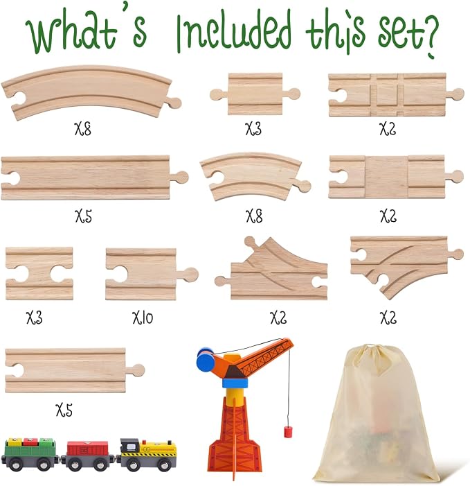 Wooden Train Track Set 62pcs, Wood Railway Systems Accessories Expansion Pack with Train + Crane, for 3-10 Years Toddlers Birthday Gift, Christmas Toys, Compatible with Major Brands (62 PCS)