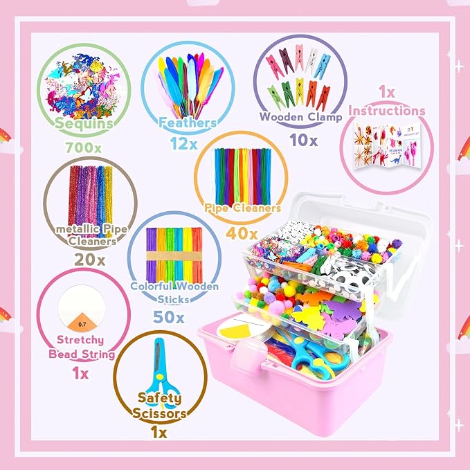 ZEIZHUBN Arts and Crafts Supplies for Kids Crafts Kit with Pipe Cleaners DIY Crafts for Kids Art School Supplies Materials All in Crafting Box Craft Supply Set Gifts for Kid Girls Boys Age 4-8, 8-12