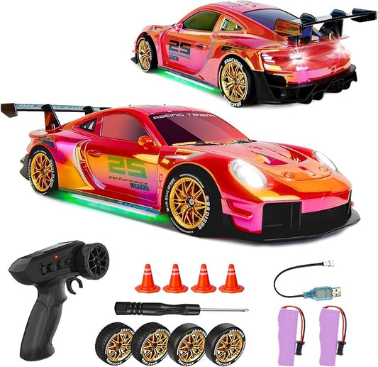 RC Drift Car,1:24 Scale Remote Control Vehicle for Kids,20KM/H 4WD High Speed RC Cars with LED Lights,2 Batteries & Drift Tires Racing Toy for Adults,Kids,Boys and Girls