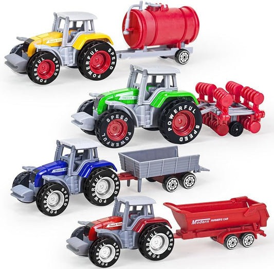 4 Pack Farm Tractor Toys, Die cast Tractor Toys with Trailers for Kids 3-5 Detachable Alloy Farm Tractors and Truck Toys for Toddlers Boys 3 4 5 6 7 8 Birthday Gift & Cake Toppers