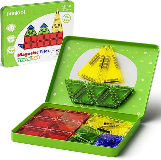 Mini Magnetic Tiles - 26PCS Travel Magnetic Building Set with Storage Iron Box, STEM Educational Toys for Kids Ages 3+ Portable Construction Toys for Toddlers Boys & Girls