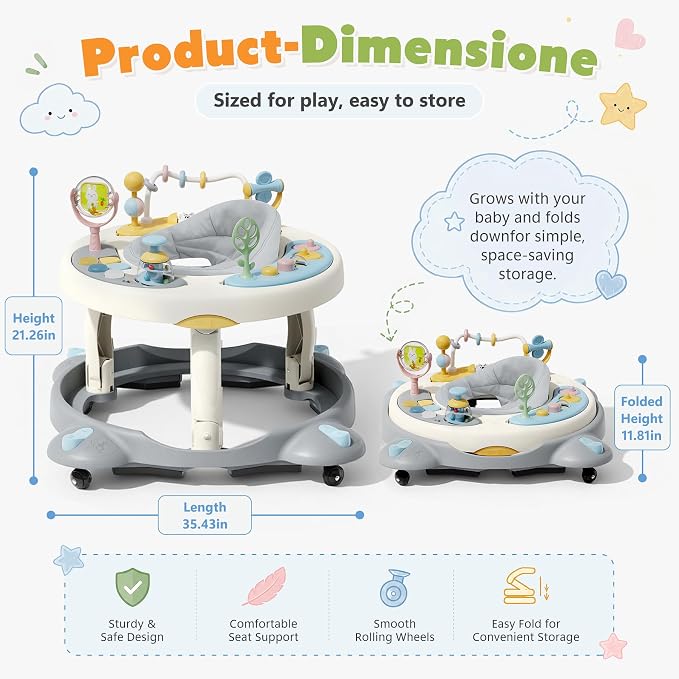 Baby Walker with Wheels, Foldable Baby Walker for Baby 6-12 Months, 3-Position Rotating Seat with Interactive Activity Center, Music Buttons, Baby Walkers for Boys Girls(Blue)