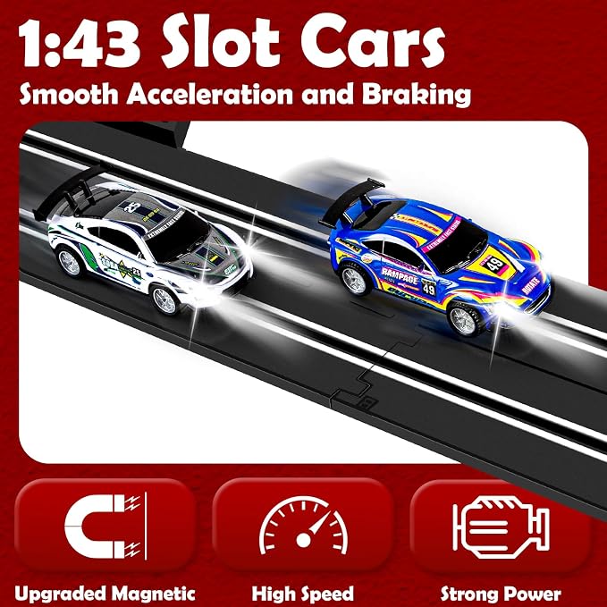 30 FT Slot Car Race Tracks Sets Toys for Ages 8-10 -1:43 Dual Race Car Track with 4 Slot Cars, 2 Hand Controllers, Christmas, Birthday Gift Toys for Ages 8-13