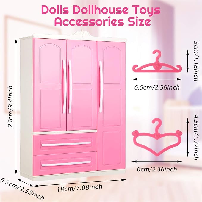 Doll Closet Furniture Wardrobe Clothing Organizer Doll Open Wardrobe Dollhouse Closet with 20 Pieces Hangers 2 Style Pink Plastic Hangers Dollhouse Furniture Accessories(Classic Style)
