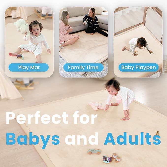 1.3" Thick Baby Play Mat for Floor Playpen, 71x79 Large Foam Tummy Time Mat, Padded Support Soft Plush Nursery Rug for Infant Kids Toddler Crawling Kick Activity (Beige)