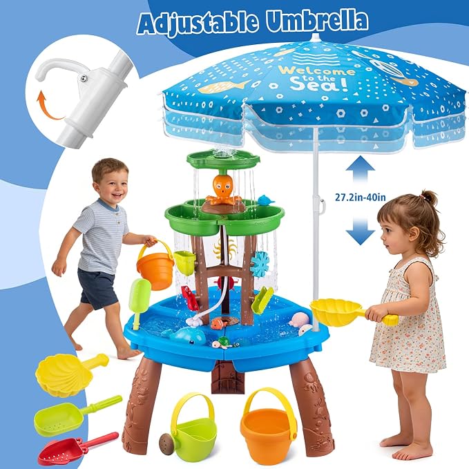Water Table for Toddlers with Water Pump and Fishing Game Set 3-Tier Kids Sand Water Table with Umbrella Sensory Outdoor Toys for Kids Ages 4-8 Outside Toys Backyard for Kids Toddlers Age 3-10