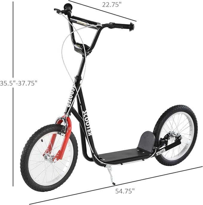 Aosom Youth Scooter Kick Scooter for Kids 5+, Max Load 220 LBS., with Adjustable Handlebar, 16" Inflatable Wheels, Dual Brakes