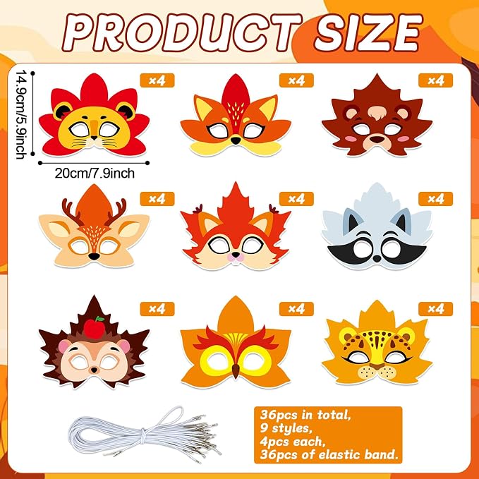 36 Set Fall Thanksgiving Animal Coloring Mask Paper Art Craft Kids Color Your Own Animals Blank DIY Mask Masquerade Birthday Party Dress-Up Decoration Favor School Classroom Activity Game Supplies