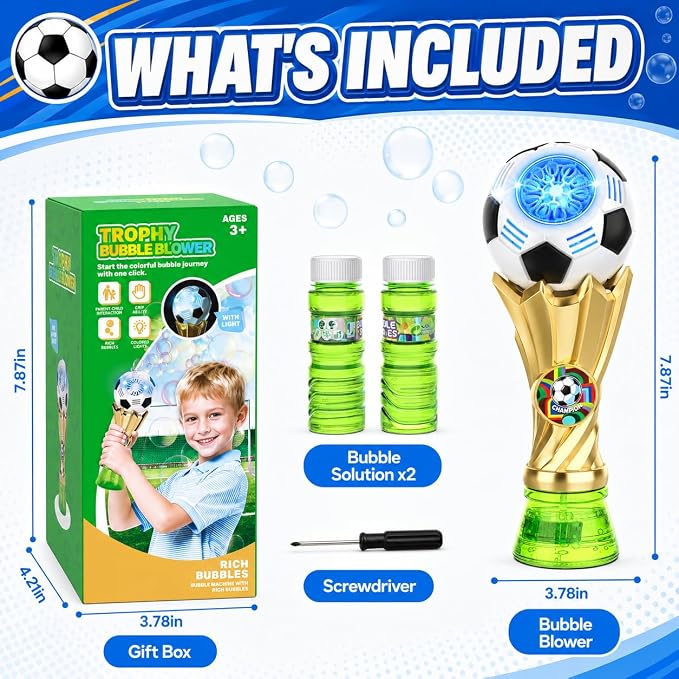 Bubble Machine for Kids, Light up Bubble Wands with 2 Solutions, Outdoor Toys for Kids Ages 3-5 4-8, Soccer Toys for Boys, Birthday Party Gift for 3 4 5 6 7 8 Years Old Boys and Girls