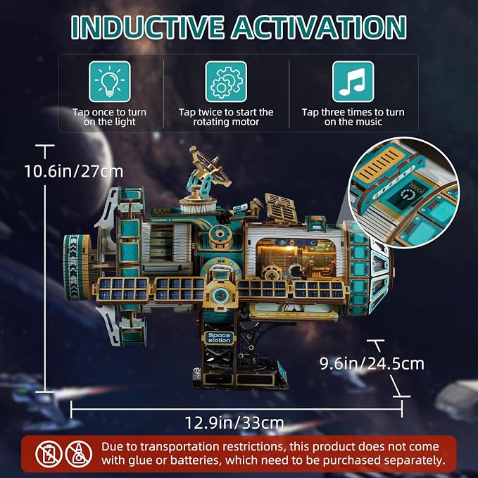 3D Wooden Puzzles International Space Station Model - Collectible Display Model with Interlocking Design, Motorized Solar Panels, Radar & Thrusters, LED Light Effects(Celestigon Station)
