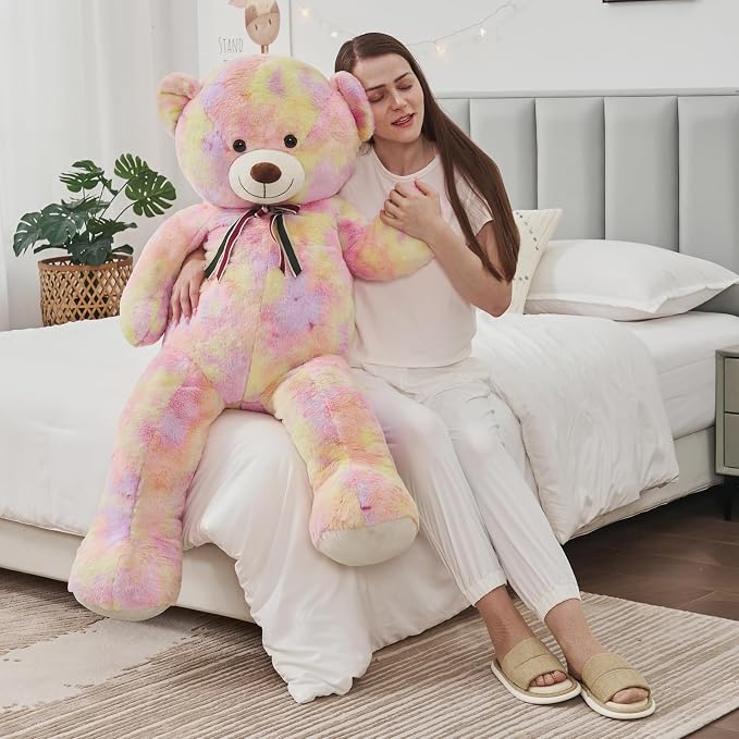 Tezituor Valentine Big Teddy Bear,52'' Giant Stuffed Animal,Large Soft Bear Plush Toy,Plushie for Warmth & Comfort for Girlfriend Girls Boys Girlfriend for Christmas, Birthday,Rainbow Yellow