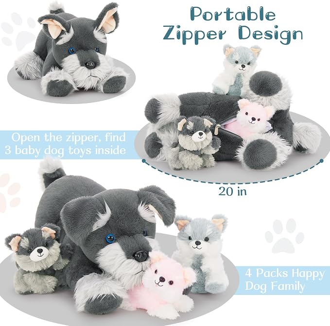 MorisMos Plush Schnauzer Dog Stuffed Animal with Babies, 20'' Big Mommy Dog with 3 Baby Puppy Toys for Kids, Xmax Stuffed Schnauzer Dog Toys for Girl Boy, Lifelike Dog Gifts for Christmas Birthday