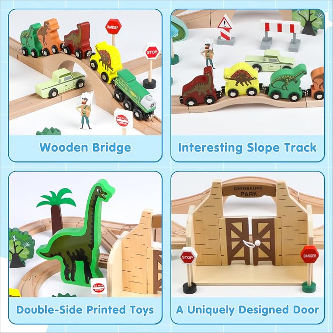 Wooden Train Set, Dinosaur Toys for Kids 3-5, Compatible with Major Brands, Dinosaur Train, Ideal Wooden Dinosaur Train Track Set for 3 4 5 6 7 8 Year Old Kids Boy Girl