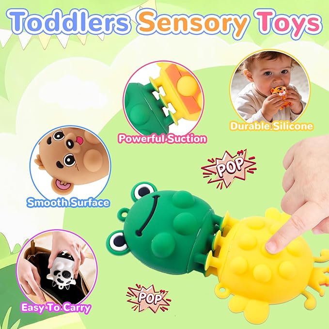ChildFun 6 PCS Animal Suction Popper Sensory Toys, Toddler Travel Toys for Airplane Car Activities, Silicone Fidgets Toys for 12 Months+ Babies, Toys for 1 2 3 Year Old Girls Boys Birthday Gifts