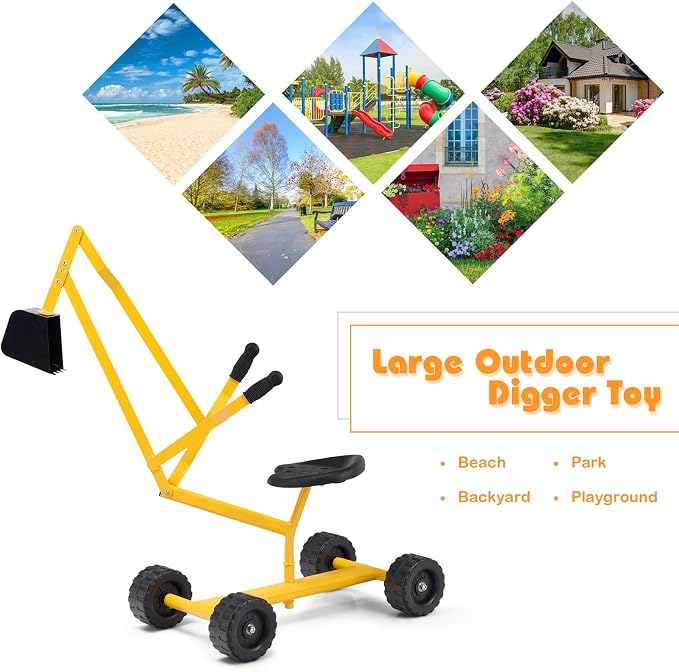 Costzon Kids Ride on Sand Digger with Wheels, Heavy Duty Steel Digging Scooper Excavator Crane with 360° Rotatable Seat for Dirt, Snow, Beach, Outdoor Sandbox Play Toy