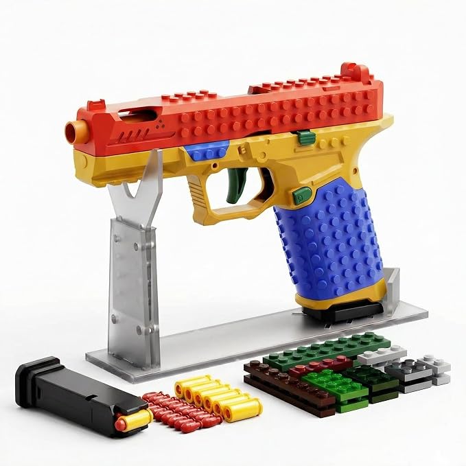 Toy Gun Building Block Kit, DIY Fidget Pistol Toy for Adults, Funny Building Blocks Set with Display Stand, Creative Soft Shooting Collectible
