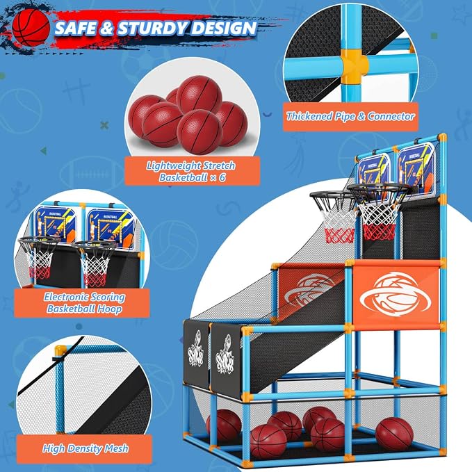 Dual Shot Arcade Basketball Game Set Boy Toys:Kids Basketball Hoop with 6 Balls Electronic Scoreboard LED Light Indoor Outdoor Sports Toy Activities for Boys Girls Birthday Gifts Aged 3-5 6-8 8-12