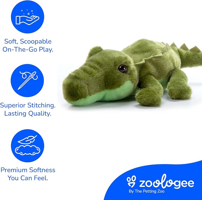 The Petting Zoo Alligator Stuffed Animal Plushie, Gifts for Kids, Scoopz Wildlife Animals, Green Gator Plush Toy 8 Inches