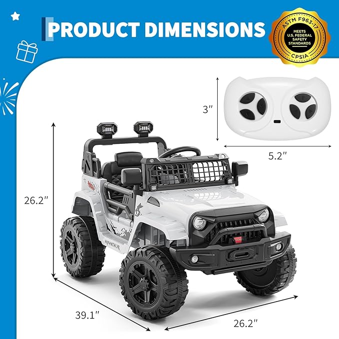 Hetoy 12V Ride on Toys with Parent Remote Control Toddler Electric Vehicle with Spring Suspension, LED Lights, Bluetooth, Music Player, 3 Speeds Ride on Car Truck for Kids Age 3-8 (White)