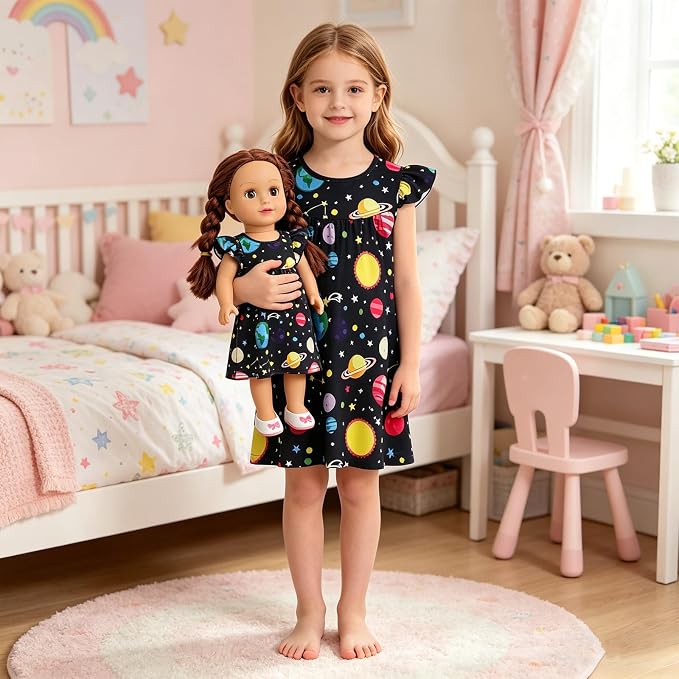 AmzBarley Matching Doll & Girl Pajamas Girls Nightgowns Sleepwear Night Dress for Kids and 18 inch Doll Clothes