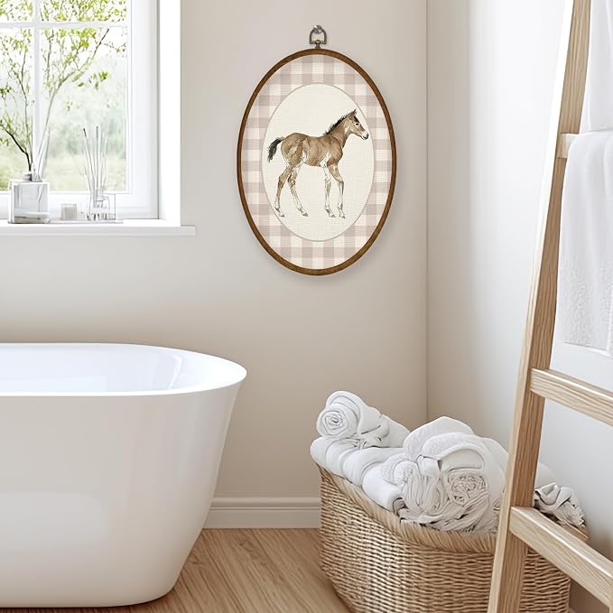 WULQYING Vintage Baby Horse Nursery Wall Art Decor, Kids Playroom Oval Framed Canvas Art Prints, Neutral Gingham Foal Horse Animal Wall Hanging Decor for Kids Toddler Room Bedroom, 8.6x11.4 Inches